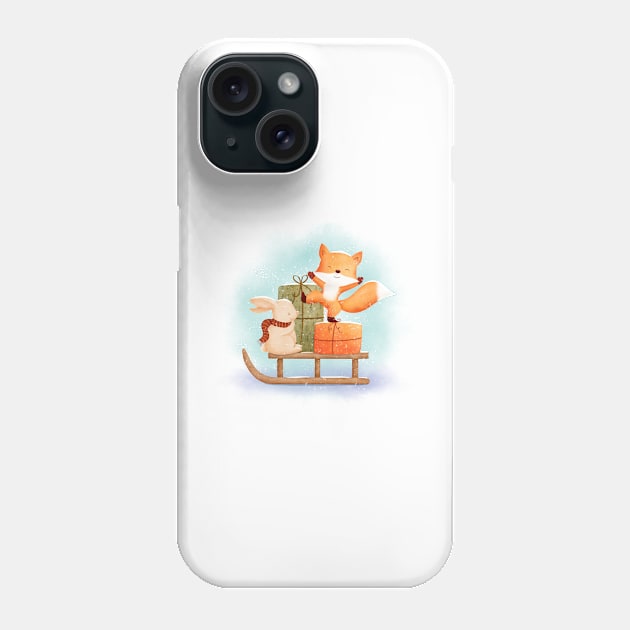 Cute Bunny and Fox with sledge and Christmas gifts Phone Case by Sandra Herrgott