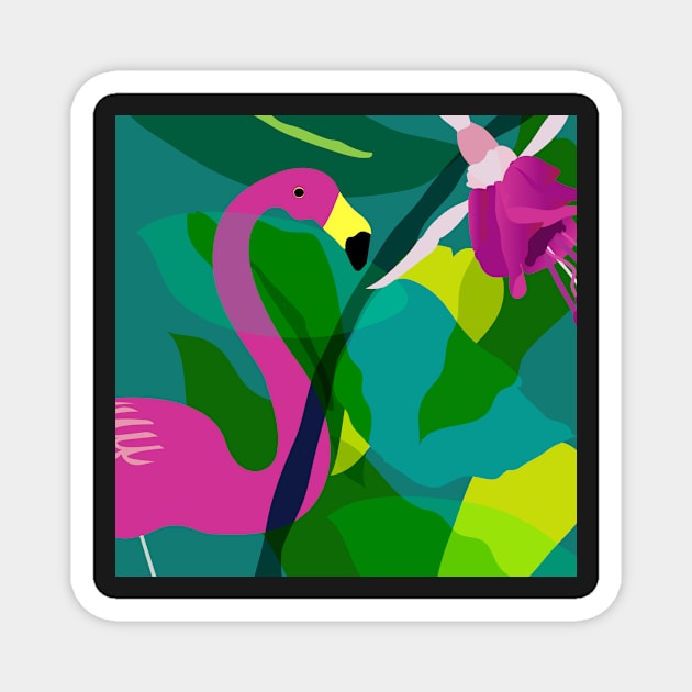 Flamingo flower leafy illustration Magnet by juliechicago