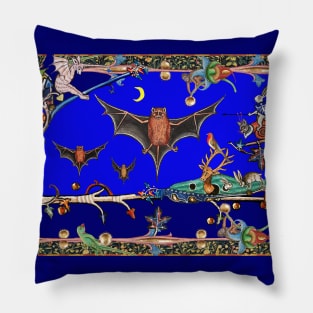 WEIRD MEDIEVAL BESTIARY,FLYING BATS IN BLUE NIGHT ,UNICORN ,KILLER RABBIT Pillow