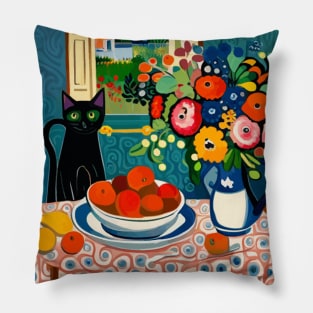 Black Cat with Flowers in a White Vase Still Life Painting Pillow