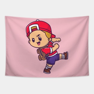 Cute Boy Going To School Cartoon Tapestry