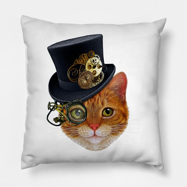 Orange Cat with Steampunk Hat and Monocle Pillow by SirLeeTees