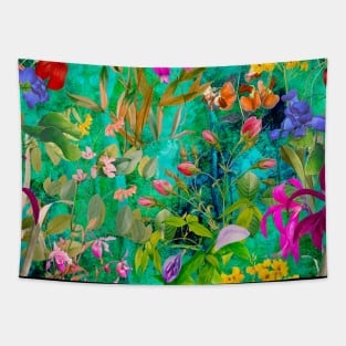 Cool tropical floral leaves botanical illustration, tropical plants,leaves and flowers, aqua turquoise leaves pattern Tapestry