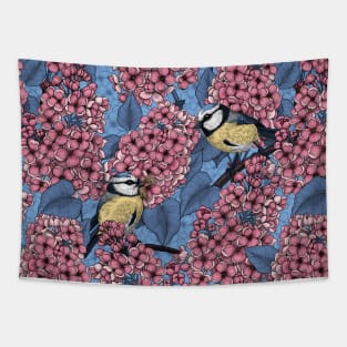 Tit birds in the lilac garden Tapestry