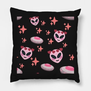 pink alien and ufo pattern in orange Pillow