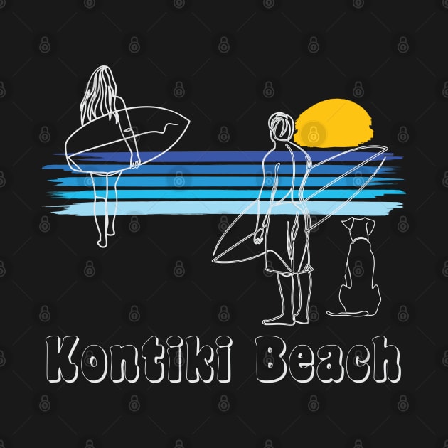 Kontiki Beach , Surfing Beach Surf Guy Girl with Dog by Surfer Dave Designs