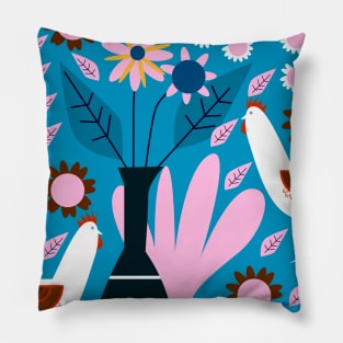 Hens in floral rain Pillow