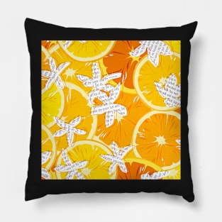 Oranges, flowers and text fragments Pillow