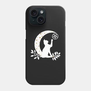 Wicca Crescent Moon Cat Pentacle And Gold Stars Phone Case