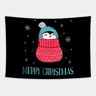 Merry Christmas Happy Penguin In The Snow Tapestry