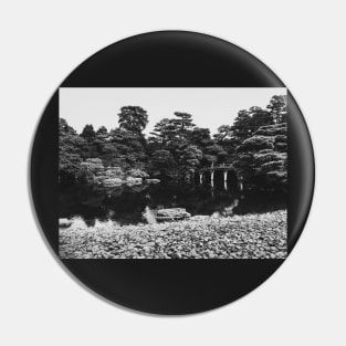 Black and White Shot of Bridge in Large Japanese Garden Pin