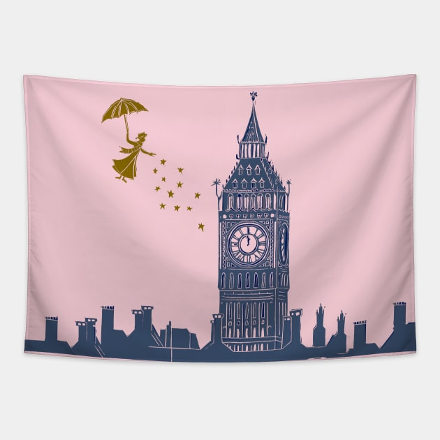 Mary Poppins and Big Ben in Blue and Pink Tapestry by Maddybennettart