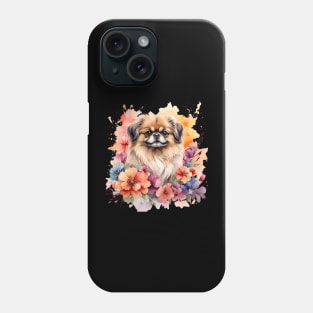 A pekingese decorated with beautiful watercolor flowers Phone Case