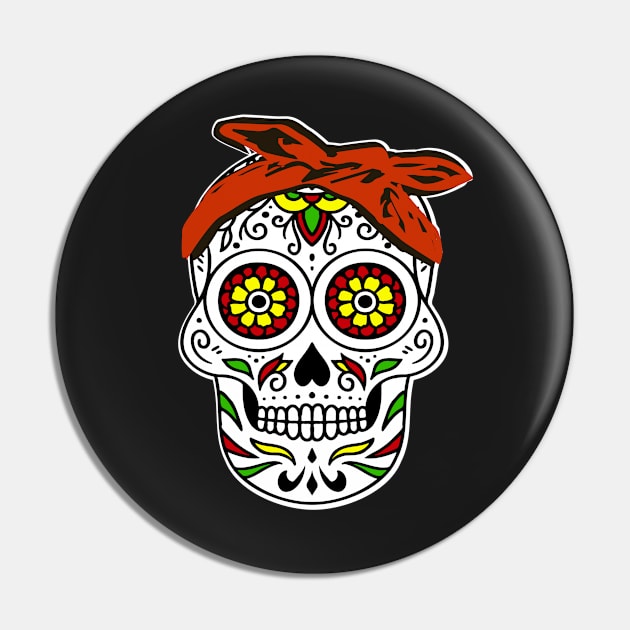 Craneo Dia De Los Muertos. Flower Sugar Skull with Bandana Dia De Muertos Shirt Pin by teemaniac