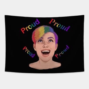 Young LGBTQ+ individual with pride saying Proud Tapestry