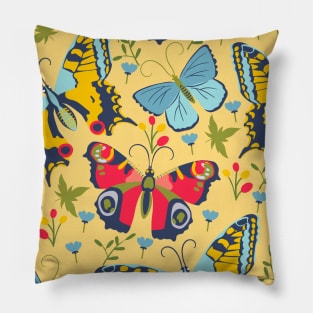 Butterflies Blue Red Yellow Colorful Pattern Design Art Retro Insect Pillow