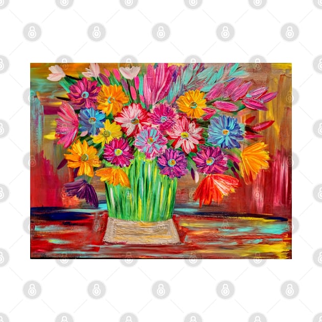 Bright and colorful abstract flowers in a large vase by kkartwork