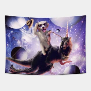 Golden Retriever Riding Dinosaur In Space Tapestry