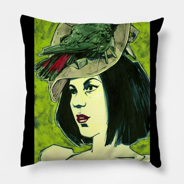 Black Cockatoo Millinery Trimmings Pillow by A.E. Kieren Illustration