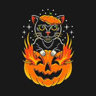 Traditional Cat with Pumpkin Tattoo Piece T-Shirt