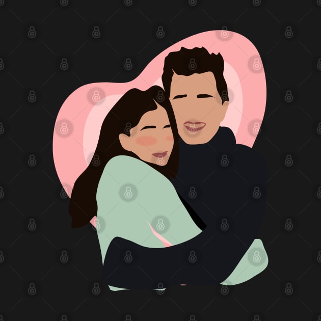 cute couple hugging with pink heart in backgorund, vector illustration, without face, by zaiynabhw