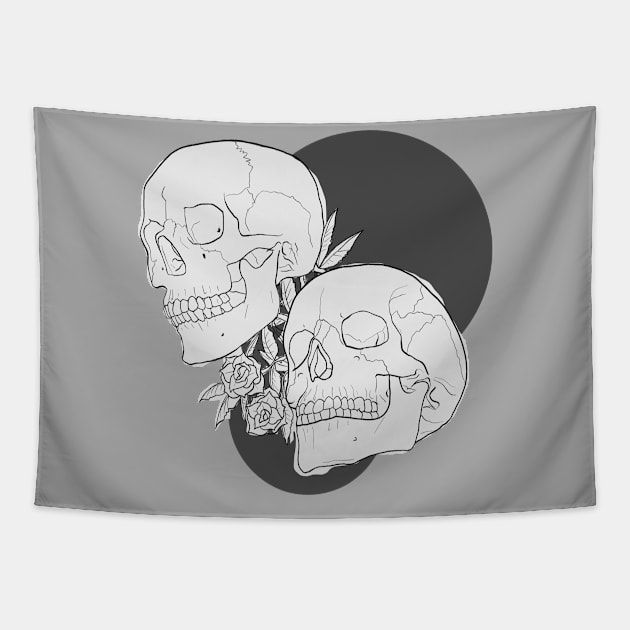 Love and Death - Skulls and Roses in White and Black Tapestry by KimVanG