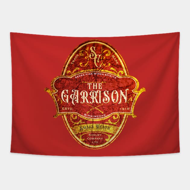 The Garrison Pub Emblem Design Red and Gold Tapestry by ScienceNStuffStudio