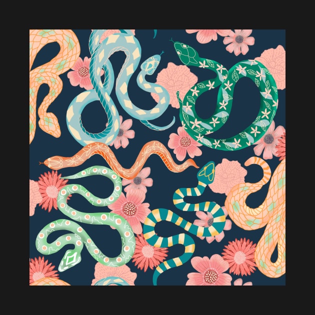 Floral snakes on dark blue by Papergrape