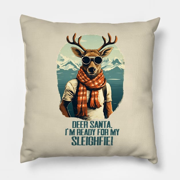 Reindeer Sleighfie: Festive Selfie Reindeer Pillow by Abystoic