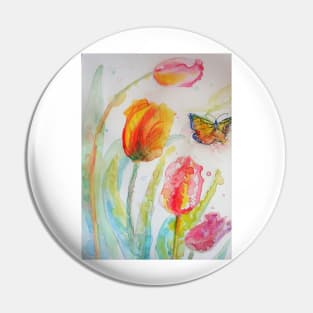 Colorful Tulip Watercolor Painting and Butterfly Pin