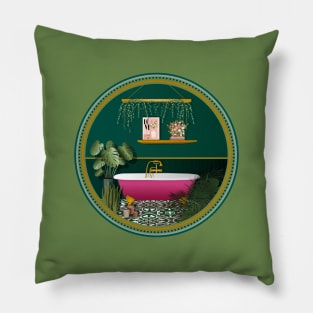 Dark Green Romantic Bathroom | Pink Bathtub Pillow