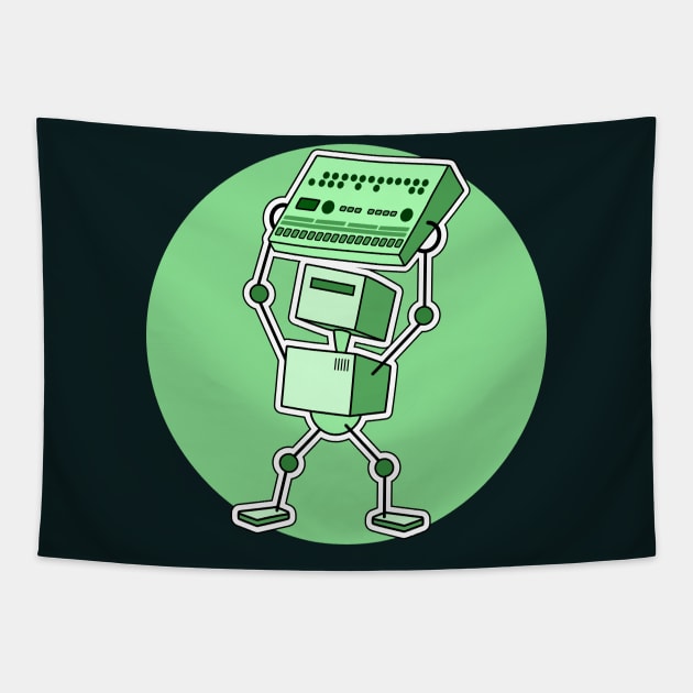 Robot Holding Drum Machine Green Tint Tapestry by Atomic Malibu