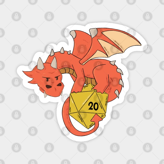 Hand-Drawn Red Dragon with Yellow D20 Dice Magnet by pixeptional