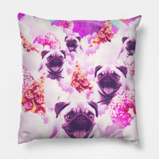 Pugs In The Clouds With Doughnut, Pizza, Rainbow Pillow