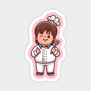 Cute Kid Chef Holding Spatula Cartoon Magnet