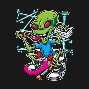 Alien UFO Flying Saucer Pizza Delivery Skateboard T-Shirt