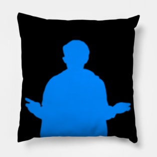 Man in hat and coat silhouetted into blueness forever asks why with his hands out. Pillow