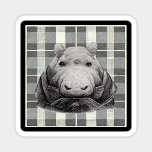 Hefty Hippopotamus in a coat, on a plaid background. Magnet