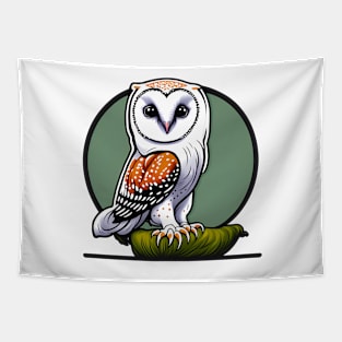 Wise owl on branch with green circle background Tapestry