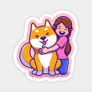 Cute Girl With Shiba Inu Dog Cartoon Magnet