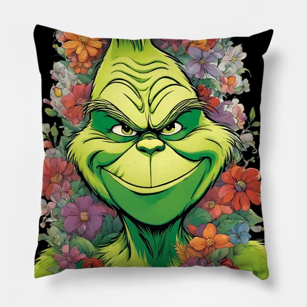 Flowery Grinch Pillow by blaurensharp00@gmail.com