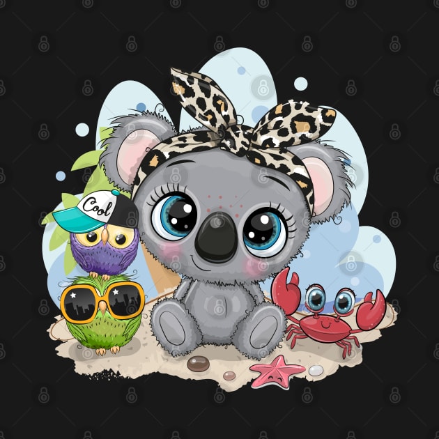 Cute koala, owlets and crab. Beach theme. by Reginast777