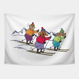 Three Cartoon Dogs Skiing Tapestry