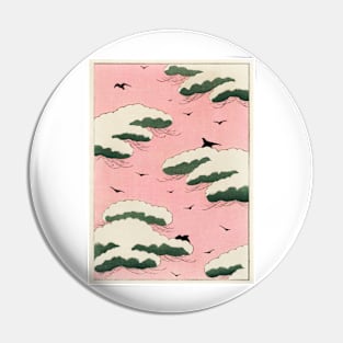 19th Century Japanese Pink Sky and Birds Illustration Pin