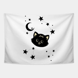 Black cat with stars and crescent moon Tapestry