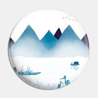 Lake camping with mountains boats and swans Pin