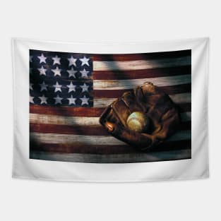 Folk art American flag and baseball mitt Tapestry