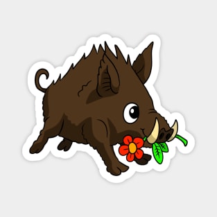 a cute wild boar doodle. kawaii wild pig with a flower. Magnet