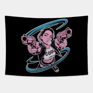Badass Girl Blowing Bubble With Guns Pointed Up Tapestry