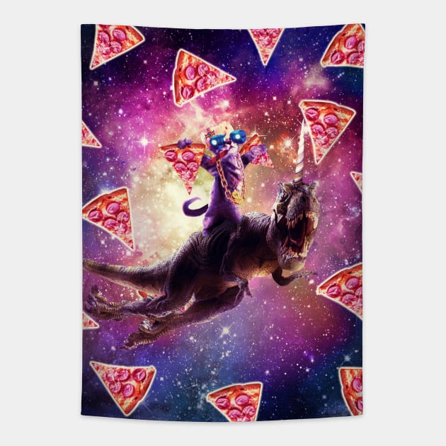 Thug Space Cat On Dinosaur Unicorn - Pizza Tapestry by Random Galaxy